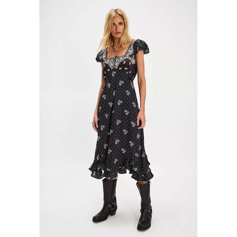 Free People Haven Embroidered Lace Trim Satin Midi Dress Polka Dot Black NWOT S
